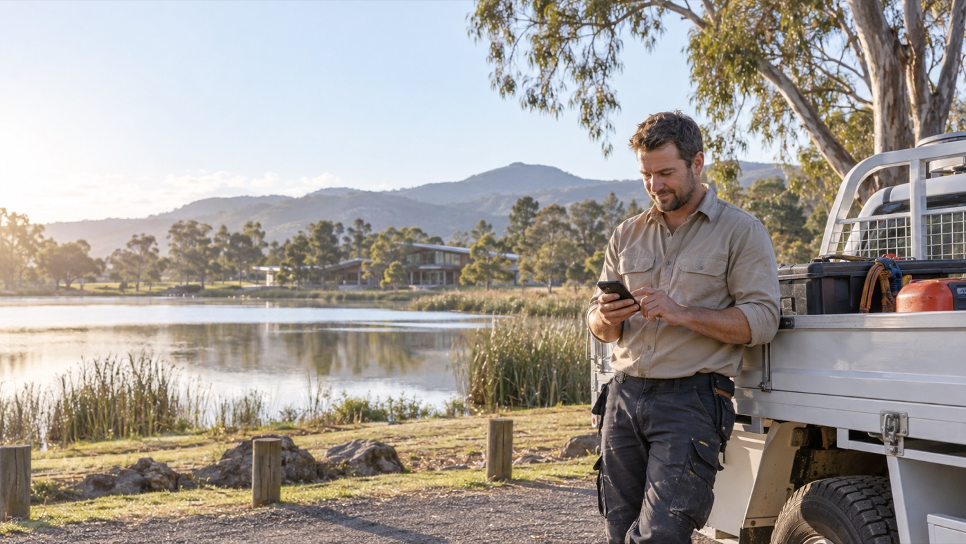 A tradie leaning on his ute at Lake Apex, Gatton, checking Quorotto on his phone