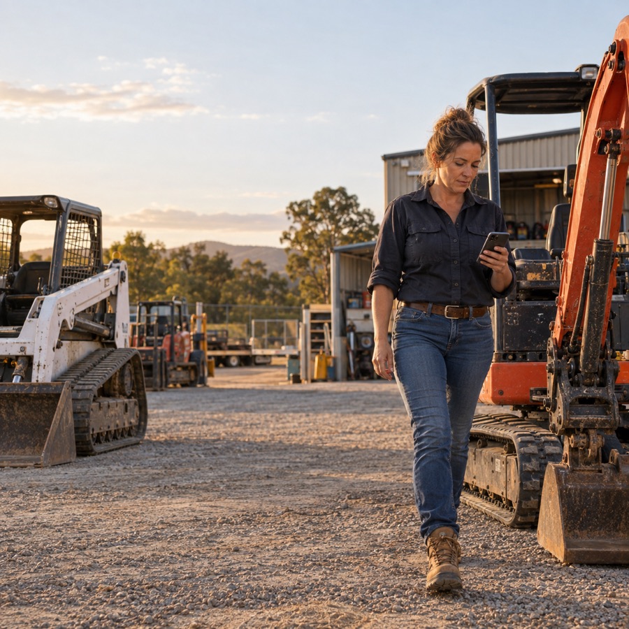 Owner walking through a machinery hire yard
